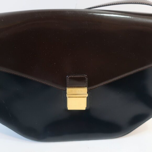 Womens Moschino 453248 Brown Black Matted Patent Leather Shoulder Handbag - Picture 4 of 16